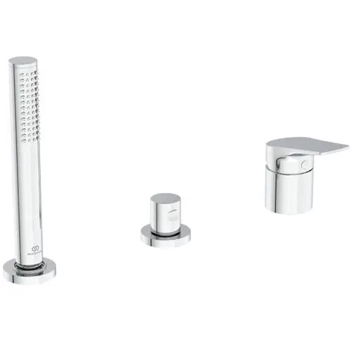 Ideal Standard Badearmatur mit Handbrause, bestehend aus einem Auslauf, einem Bedienelement und einer Handbrause, alles in Chrom-Optik.